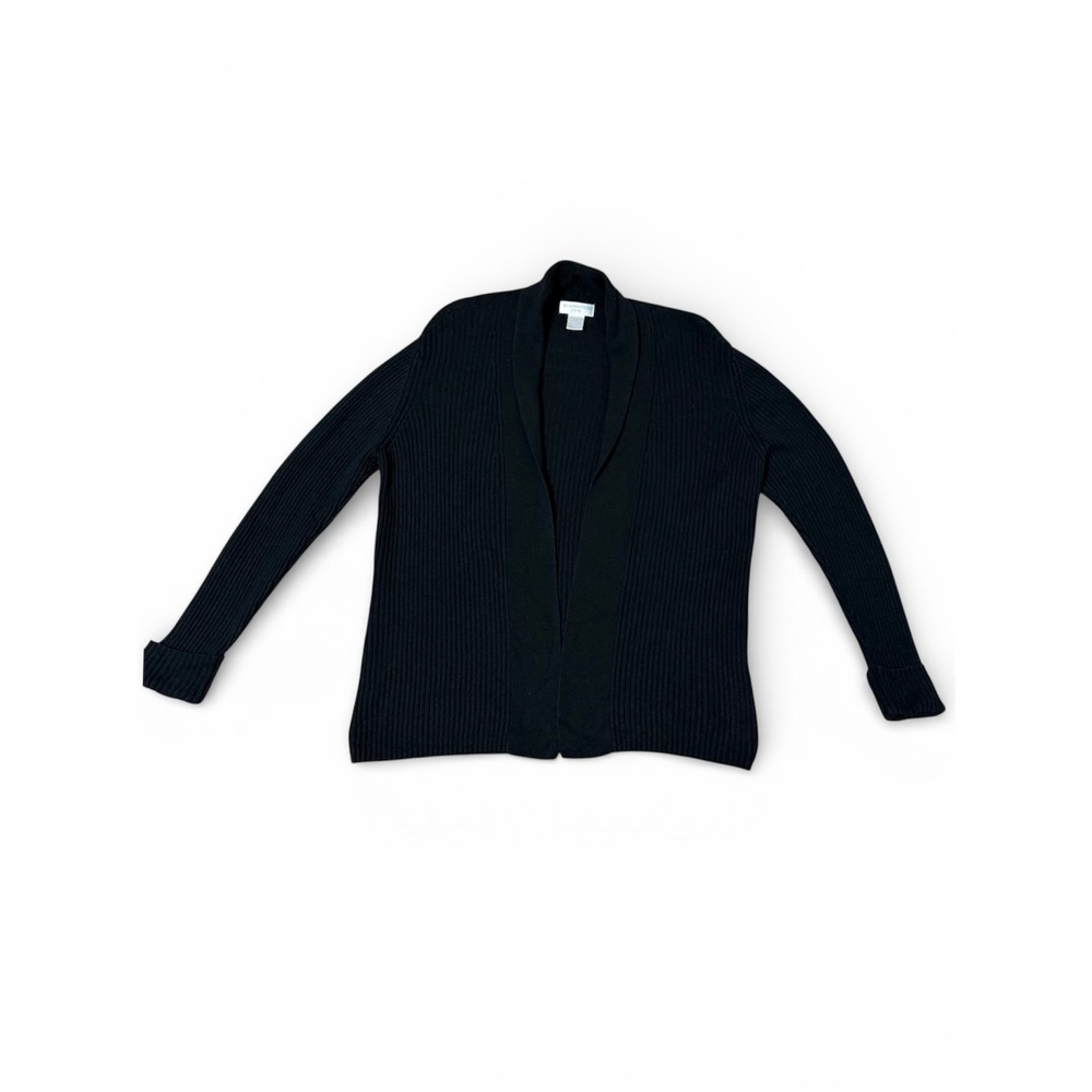 Worthington Petite Large‎ Black Ribbed Cardigan Sweater Shawl Collar Open Front